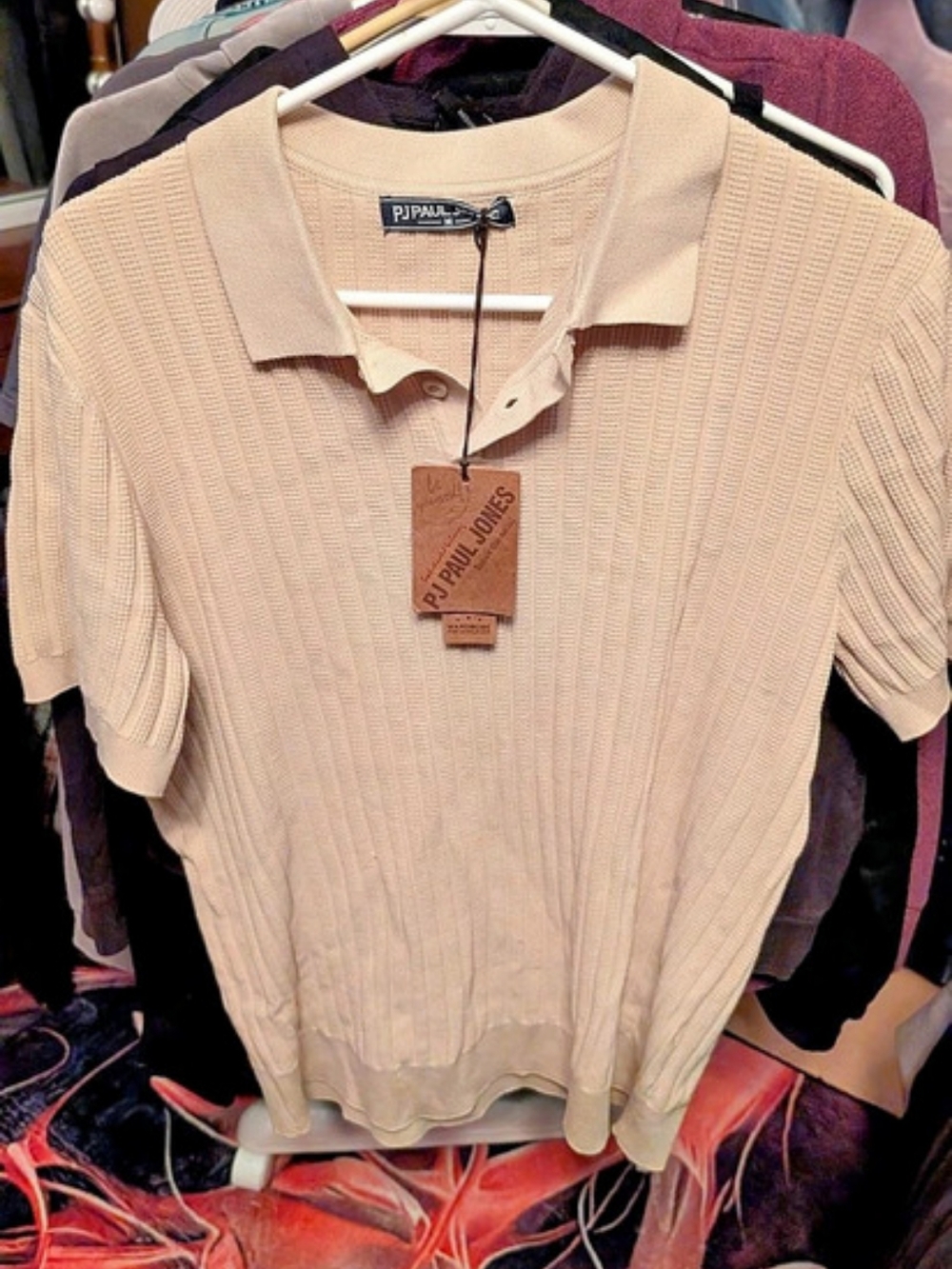 PJ PAUL JONES Men's Short Sleeve Knitted Polo Shirt Beige Medium